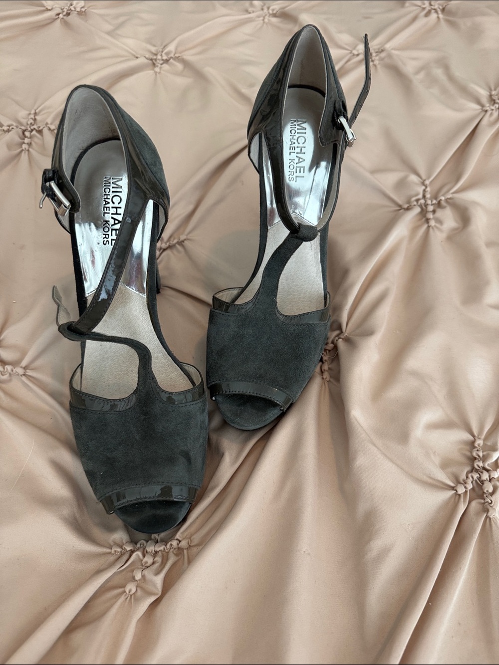 Michael Kors Dark Gray Suede T-Strap Open Toe Heels